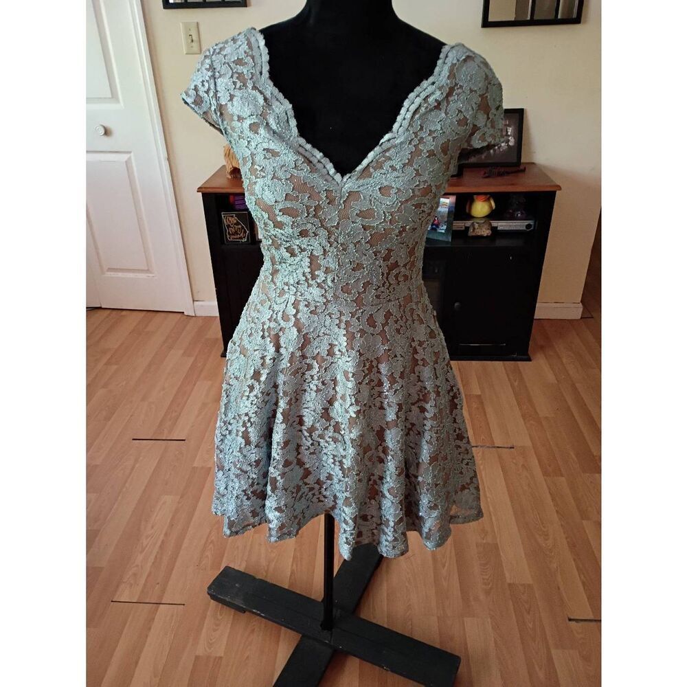 Jr Size 5 City Triangles Blue Brown Glitter Lace Mini Prom Bridesmaid Dress